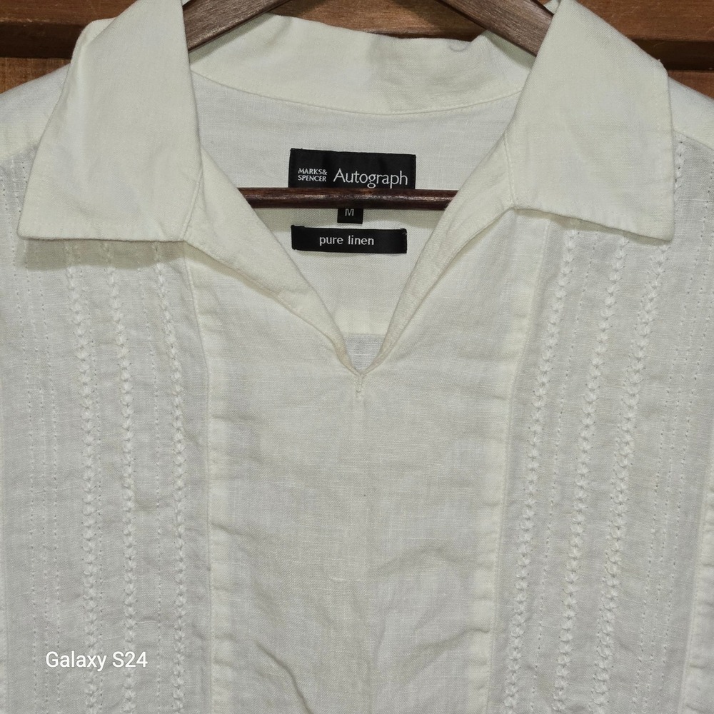 Marks and Spencer Autograph White Pure Linen Pintuck Short Sleeve Shirt‎ Mens M